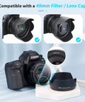 DSLR camera with 50mm reversible lens hood shade for EF 50mm F1 8 STM lens replaces ES 68 tulip flower design, black, non-glare interior.