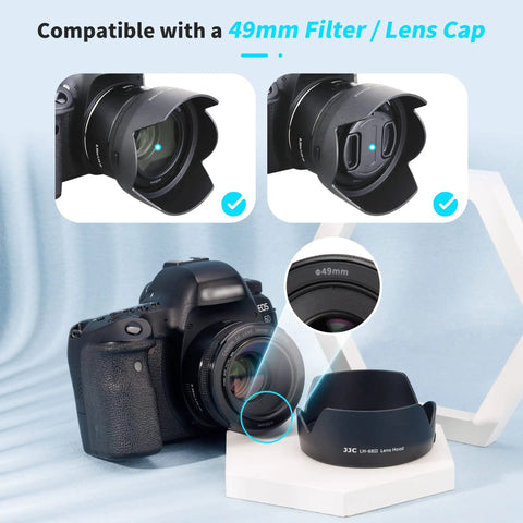 DSLR camera with 50mm reversible lens hood shade for EF 50mm F1 8 STM lens replaces ES 68 tulip flower design, black, non-glare interior.