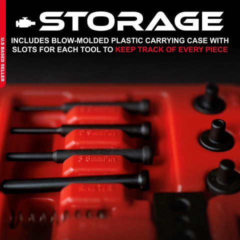 Close-up of red ABN 13-piece chain breaker tool kit in storage case with black pins and red handles.