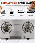 Top view of Two Burner Portable Propane Gas Stove With Auto Ignition Stainless Steel Cooktop 19000 BTU Hr on white surface