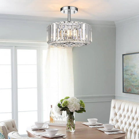 Gold Finish 11.88 Inch Semi Flush Mount Crystal Ceiling Light With Two Lights Modern Round Crystal Chandelier in dining room
