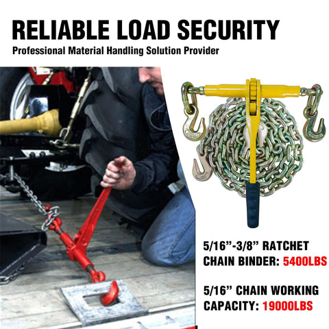 Heavy Duty Ratchet Load Binder and Chain Set 5/16 to 3/8 Inch G80 Chains, Secure Tie Down Gear for Hauling and Towing