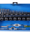 Must-Have 32 Piece Metric Thread Tap And Die Set For Garage Pros. Heavy Alloy Steel M3 To M10 Hand Threading Repair Kit Includes Wrenches Gauge And Tool For Serious Workshop Metalworking Jobs Today open case with taps, dies, and handles