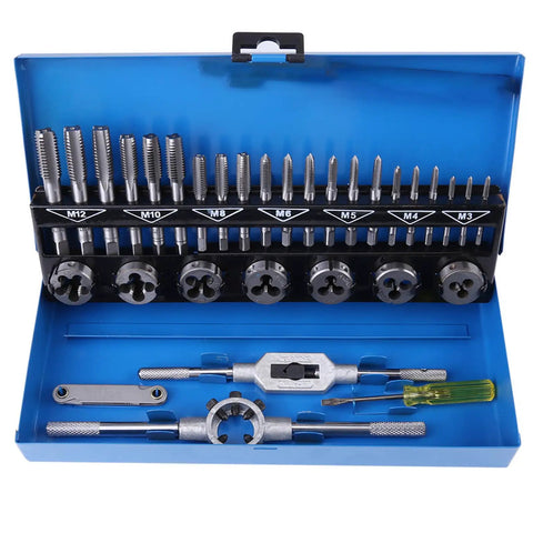 Must-Have 32 Piece Metric Thread Tap And Die Set For Garage Pros. Heavy Alloy Steel M3 To M10 Hand Threading Repair Kit Includes Wrenches Gauge And Tool For Serious Workshop Metalworking Jobs Today open case with taps, dies, and handles