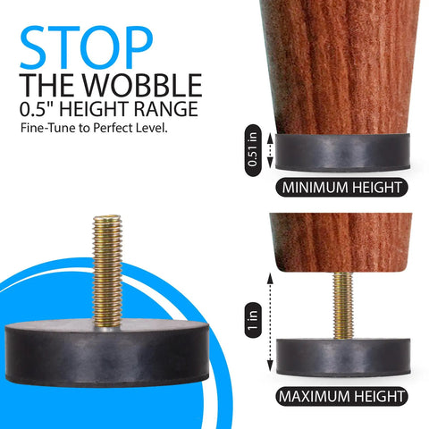 Heavy Duty Rubber Leveling Feet With Legit M8 Metric Threads Adjustable Furniture Glides to Kill Wobbly Tables showing height adjustment features.