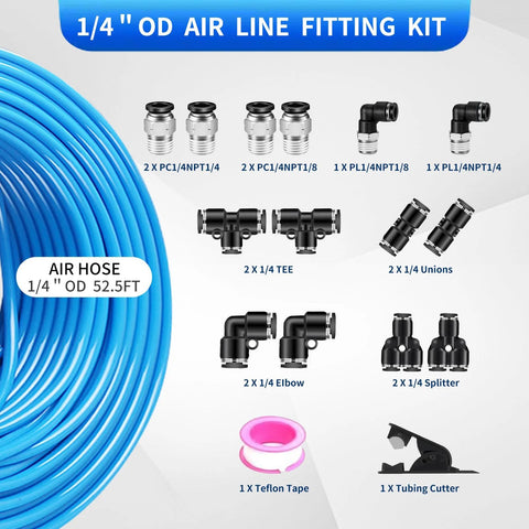 Front view of QITUO 1/4 in OD air line kit with blue 52.5 ft hose and 15-piece push-to-connect fittings