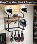 Hella Sturdy Wooden Wall Mount Helmet Rack Featuring Four Deep Cradles For Motorcycles Dirt Bikes Ski Gear And Bucket Hats with helmets and gloves.