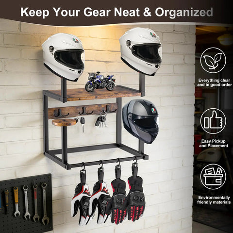 Hella Sturdy Wooden Wall Mount Helmet Rack Featuring Four Deep Cradles For Motorcycles Dirt Bikes Ski Gear And Bucket Hats with helmets and gloves.