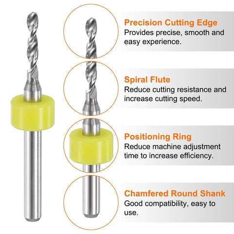 Close-up of a Five Piece PCB Drill Bit Set with one eighth inch shank and two millimeter tungsten carbide micro twist bit, yellow ring