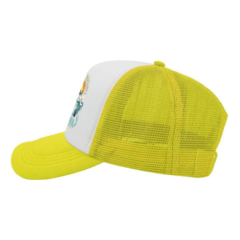 Yellow Breathable Cap For Men With Adjustable Buckle, All Season Comfort Hat, side view showing mesh design and embroidery