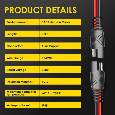 SAE To SAE 30 Ft Extension Cable With 16 AWG Pure Copper Core, Weatherproof Quick Disconnect Connectors shown with product details
