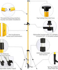 Heavy Duty Laser Level Pole With Adjustable Mount One Quarter Inch By Twenty Inch Telescoping Pole Extending To Twelve Feet Three Point Seven Meters With Five Eighths Inch Eleven Thread Adapter For Rotary And Line Lasers No Tripod Needed showing features like adjustable skid face and tripod, and 5/8 threaded mounting interface.