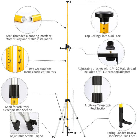 Heavy Duty Laser Level Pole With Adjustable Mount One Quarter Inch By Twenty Inch Telescoping Pole Extending To Twelve Feet Three Point Seven Meters With Five Eighths Inch Eleven Thread Adapter For Rotary And Line Lasers No Tripod Needed showing features like adjustable skid face and tripod, and 5/8 threaded mounting interface.