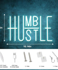 Blue Led Neon Lights Sign For Office Room And Gym Room Decor USB Powered With Adjustable Brightness Perfect For Man Cave Gamer Room Party Vibe And Modern Home Office Decor featuring the words 'Humble Hustle' with dimensions and accessories shown.