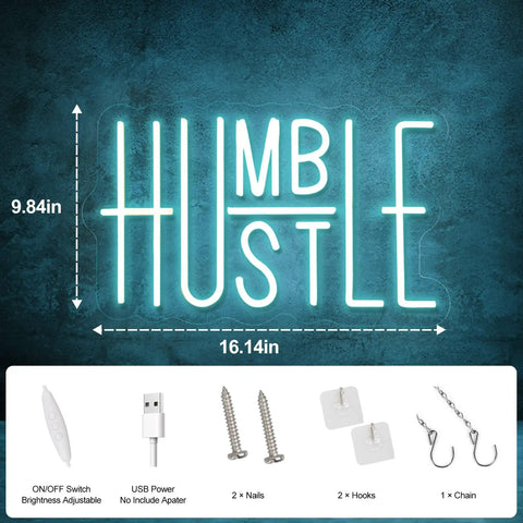 Blue Led Neon Lights Sign For Office Room And Gym Room Decor USB Powered With Adjustable Brightness Perfect For Man Cave Gamer Room Party Vibe And Modern Home Office Decor featuring the words 'Humble Hustle' with dimensions and accessories shown.