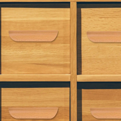 Semicircle Solid Wood Cabinet Handles Set Of 6 64mm Beech Drawer Pulls on wooden drawers in a grid design