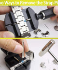 Watch Link Removal Kit With Hammer And Spring Bar Tool, showing tools and method for strap adjustment and pin removal.