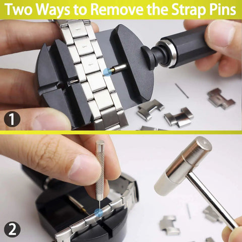 Watch Link Removal Kit With Hammer And Spring Bar Tool, showing tools and method for strap adjustment and pin removal.