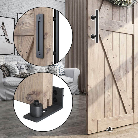 Heavy Duty 5ft Sliding Barn Door Hardware Kit With Track Kit, Pull Handle Set, Floor Guide, J Shape Rail, installed on wooden door