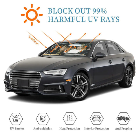 Car using Funny Windshield Sun Shade For Cars Blocks UV Rays And Heat Front Window Sunshade Waterproof Polyester With Bubble Aluminum Insulation 51 By 27.5 Inches Keeps Interior Cool And Protected On Hot Days.