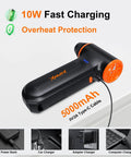 Rechargeable Electric Air Duster With 150000 RPM Turbo Power shown with USB-C fast charging feature, black and orange design.