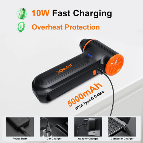 Rechargeable Electric Air Duster With 150000 RPM Turbo Power shown with USB-C fast charging feature, black and orange design.
