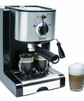 Professional Pump Espresso And Cappuccino Machine With 46 Oz Water Tank Slick Black Stainless Build brewing espresso shots with frothy milk.