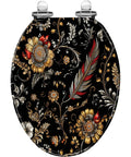 Elongated Toilet Seat Resin for Bathroom with detailed floral design in gold, silver, and red on a black background.