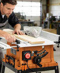 Man using table saw with Emergency Stop Switch With 10ft Heavy Duty Cord And Big Red Button, 440V 16A, in a workshop.