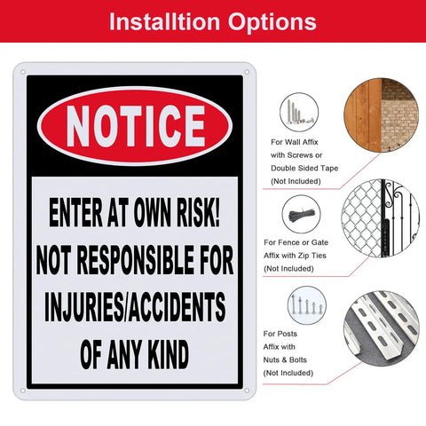 2 Pack Straight Up Enter At Your Own Risk Warning Sign 10 By 7 Inch mounted on a wall showing installation options.