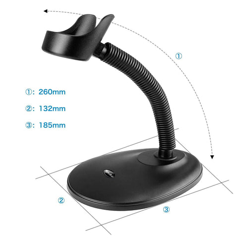 Black stand for Portable Wireless 1D 2D Barcode Scanner With Stand For Quick Paper And Screen Scans, shown with dimensions.