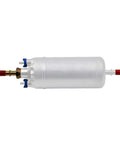 Electric Fuel Pump Inline In Tank Replacement For 1983 1996 Ford F Series F150 F250 F350 Mustang Ranger LTD Thunderbird Mercury Marquis Lincoln Continental Externally Mounted High Flow Fuel Pump For Reliable Fuel Delivery And Performance, front view showing connections and cylindrical shape.