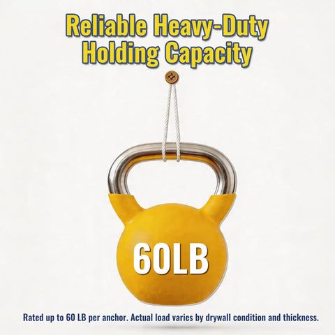 Yellow kettlebell labeled 60LB hanging from zinc plated metal anchor, showcasing Three Size Self Drilling Drywall Anchors Kit strength.