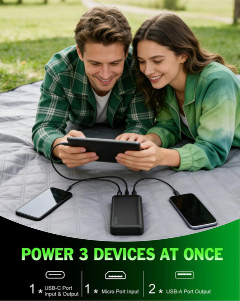 Two Pack Portable Charger PD 22.5W Power Bank 20000mAh fast charging phones and tablet on grey blanket outdoors