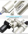 Heavy Duty 1/2 Inch Npt Industrial Three Stage Air Dryer Filter With Auto Drain For Compressed Gas Moisture And Oil Removal Slick Pneumatic Filtration System close-up view with fittings and detailed components.
