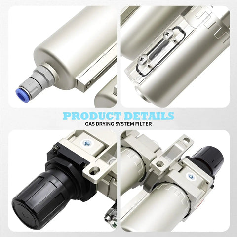 Heavy Duty 1/2 Inch Npt Industrial Three Stage Air Dryer Filter With Auto Drain For Compressed Gas Moisture And Oil Removal Slick Pneumatic Filtration System close-up view with fittings and detailed components.