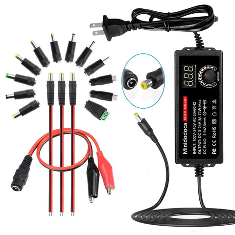 72W Adjustable AC to DC Power Supply Universal Adapter With LED Voltage Display and 16 Tips, Variable 3V to 24V Output Up to 3A Max