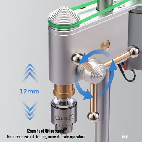 Close-up of the Cool Compact Mini Drill Press Machine With 360 Degree Rotation showing 12mm head lifting stroke mechanism.