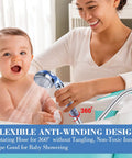 Super Flexible Expandable Shower Hose 69 Inch Extra Long For Bathing And Toilet Cleaning Leakproof Water Hose Extension With Adjustable Holder Blue Finish, shown in use with baby bathing