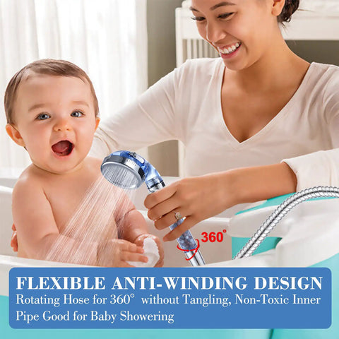 Super Flexible Expandable Shower Hose 69 Inch Extra Long For Bathing And Toilet Cleaning Leakproof Water Hose Extension With Adjustable Holder Blue Finish, shown in use with baby bathing