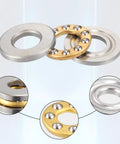 Front view of two silver thrust washers and a gold-tone 9x20x7mm thrust ball bearing with visible steel balls (pack of 2)