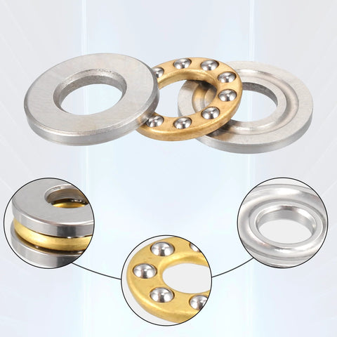 Front view of two silver thrust washers and a gold-tone 9x20x7mm thrust ball bearing with visible steel balls (pack of 2)