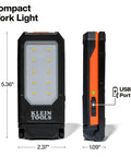Front and side view of Slim USB C Rechargeable Work Light With 500 Lumens, Magnetic LED, rugged aluminum housing, and dimensions
