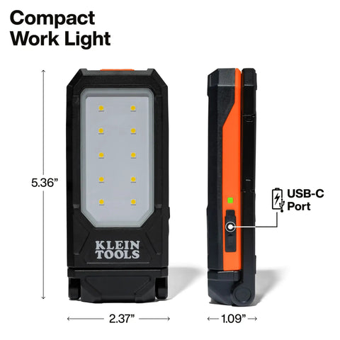 Front and side view of Slim USB C Rechargeable Work Light With 500 Lumens, Magnetic LED, rugged aluminum housing, and dimensions