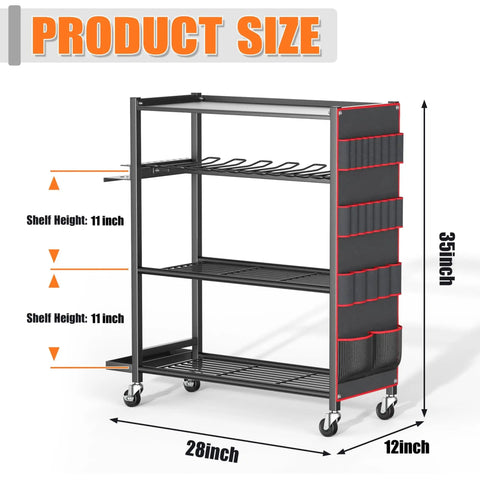 Rolling Power Tool Storage Cart With Four-Tier Drill Organizer That Fits Up To 12 Drills, Tool Boxes, On Wheels For Easy Mobility