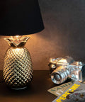 Gold Pineapple Table Lamp With Ceramic Base, Modern Tropical Decor Light For Bedroom Or Living Room, 15.75 Inch Tall, Black Shade