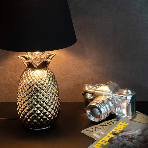Gold Pineapple Table Lamp With Ceramic Base, Modern Tropical Decor Light For Bedroom Or Living Room, 15.75 Inch Tall, Black Shade