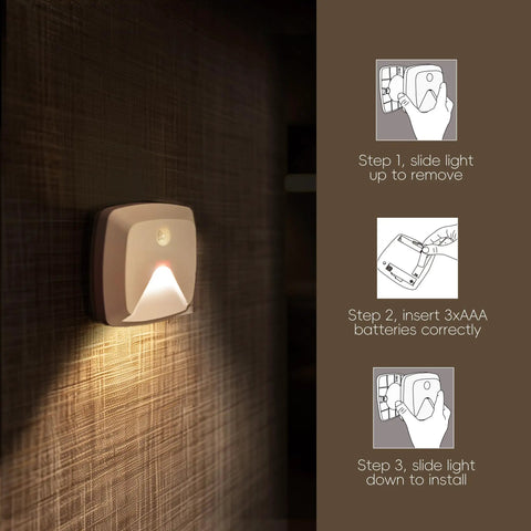 Installation guide for Six Pack Stick On Motion Sensor Lights With Easy Install Warm White LED Night Light For Stairs Closet Hallway