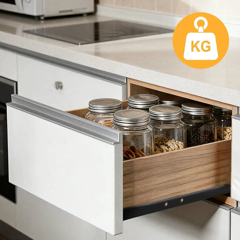 Lock In That Smooth Storage With Twelve Inch Bottom Mount Drawer Slides Heavy Duty Metal Sliding Rail Pair For Quiet Gliding Operation And Pro Level Install with open drawer holding jars.