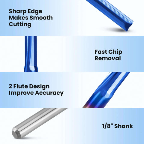 HQMaster CNC router bit, straight 1/8 in shank, 2-flute end mill for MDF, PVC, acrylic, chipboard, wood (10-pack)